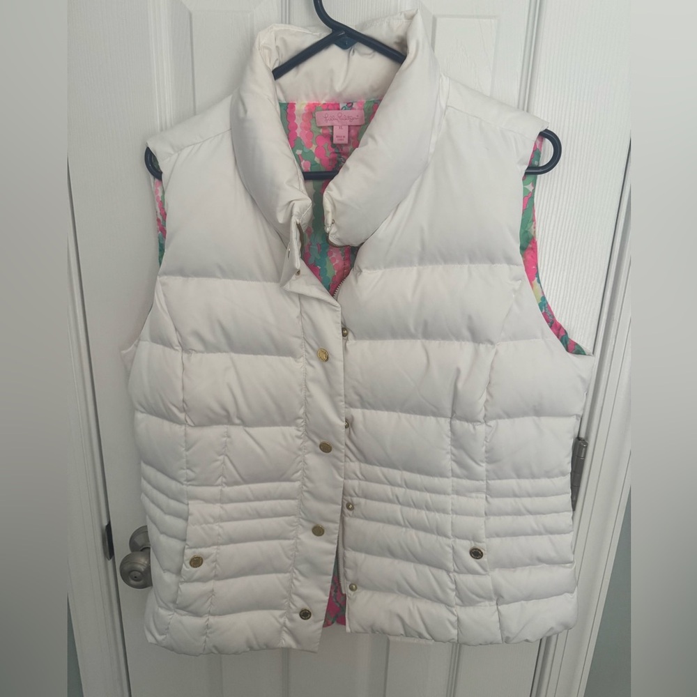 Lilly Pulitzer White Quilted Puffer Vest with Pink & Green Printed Lining